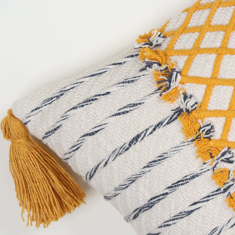 Hand Tufted Texture Boho Off-White and Yellow Fringe Cushion Cover