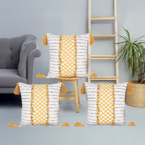 Set Of 3 Hand Tufted Texture Boho Off-White Yellow Fringe Cushion Cover