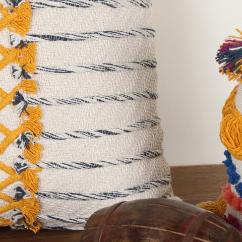 Hand Tufted Texture Boho Off-White and Yellow Fringe Cushion Cover