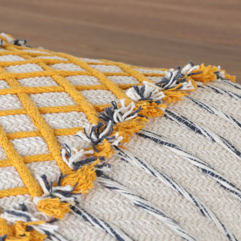 Hand Tufted Texture Boho Off-White and Yellow Fringe Cushion Cover