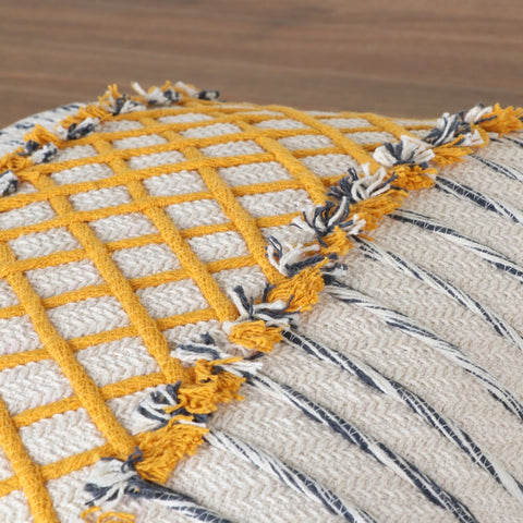 Hand Tufted Texture Boho Off-White and Yellow Fringe Cushion Cover