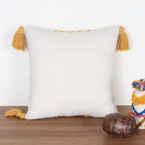 Hand Tufted Texture Boho Off-White and Yellow Fringe Cushion Cover