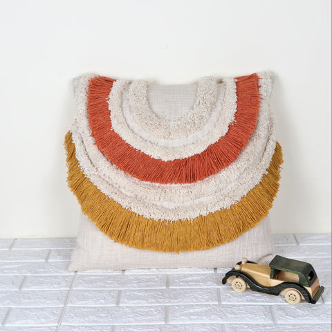 Tufted Texture Boho Ivory and Mustard Yellow Fringe Cushion Cover