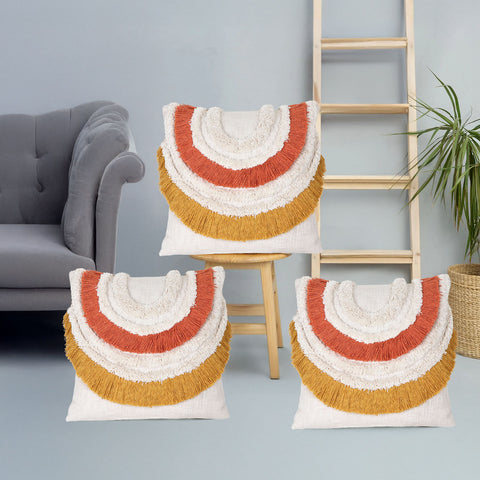 Set Of 3 Tufted Texture Boho Ivory Mustard Yellow Fringe Cushion Cover