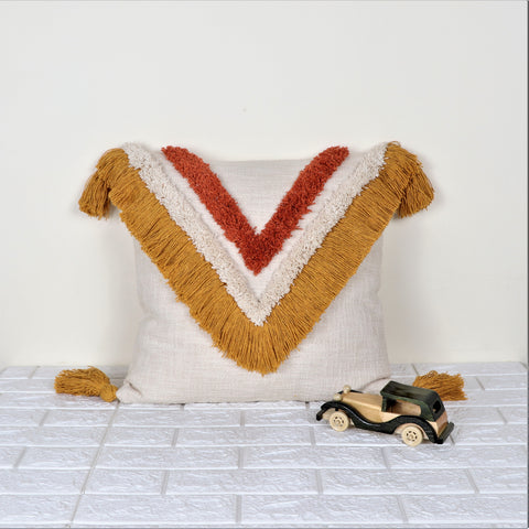 Tufted Texture Boho Ivory and Mustard Yellow Fringe Cushion Cover