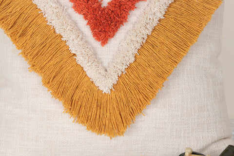 Tufted Texture Boho Ivory and Mustard Yellow Fringe Cushion Cover