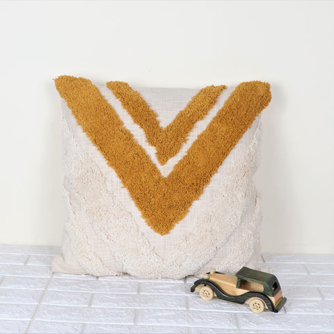 Tufted Texture Boho Ivory and Mustard Yellow Fringe Cushion Cover