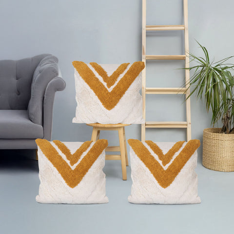 Set Of 3 Tufted Texture Boho Ivory Mustard Yellow Fringe Cushion Cover