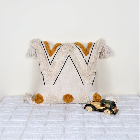 Tufted Texture Boho Ivory and Mustard Yellow Fringe Cushion Cover