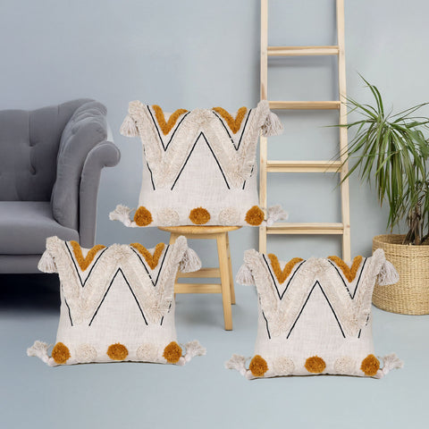 Set Of 3 Tufted Texture Boho Ivory Mustard Yellow Fringe Cushion Cover