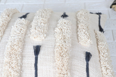 Set Of 3 Tufted Texture Boho Ivory Gray Fringe Cushion Cover