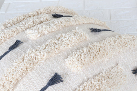 Set Of 3 Tufted Texture Boho Ivory Gray Fringe Cushion Cover