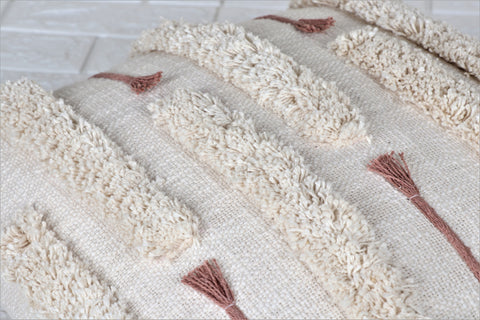 Tufted Texture Boho Ivory and Brown Fringe Cushion Cover