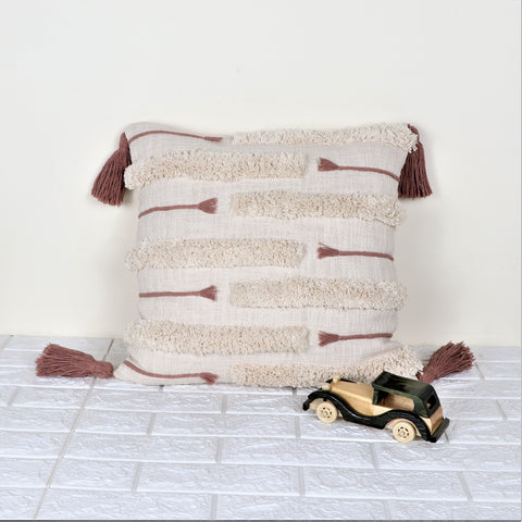 Set Of 2 Tufted Texture Boho Ivory Brown Fringe Cushion Cover