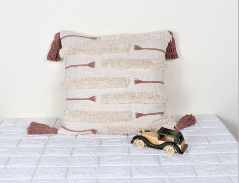 Tufted Texture Boho Ivory and Brown Fringe Cushion Cover
