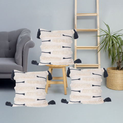 Set Of 3 Tufted Texture Boho Ivory Gray Fringe Cushion Cover
