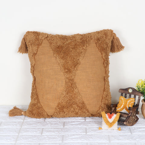 Tufted Texture Boho Mustard Yellow Fringe Cushion Cover