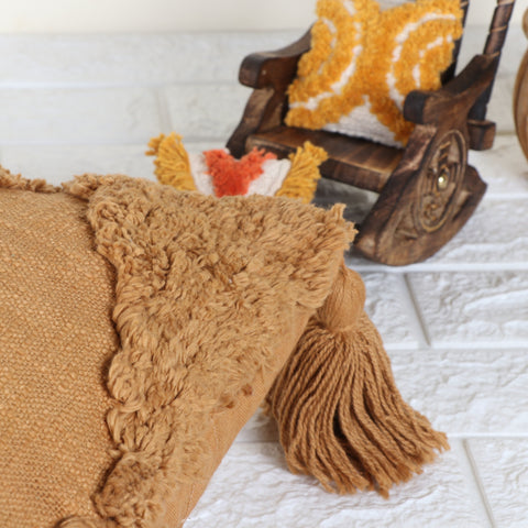 Tufted Texture Boho Mustard Yellow Fringe Cushion Cover