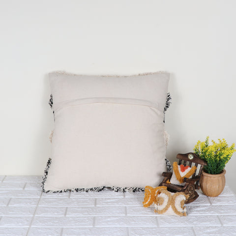 Hand Tufted Texture Boho Ivory and Black Fringe Cushion Cover