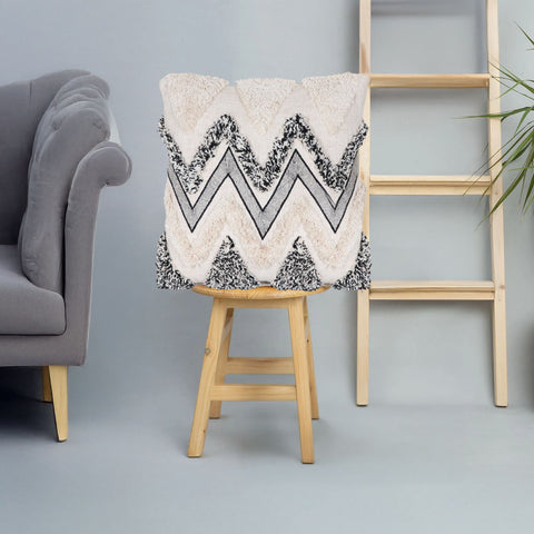 Hand Tufted Texture Boho Ivory and Black Fringe Cushion Cover