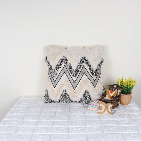 Hand Tufted Texture Boho Ivory and Black Fringe Cushion Cover