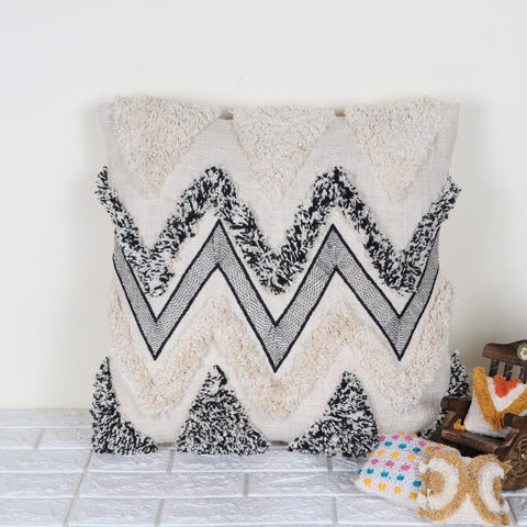 Hand Tufted Texture Boho Ivory and Black Fringe Cushion Cover
