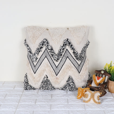 Hand Tufted Texture Boho Ivory and Black Fringe Cushion Cover