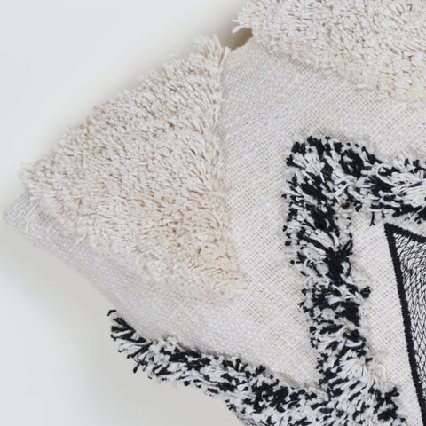 Hand Tufted Texture Boho Ivory and Black Fringe Cushion Cover