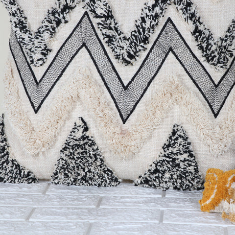 Hand Tufted Texture Boho Ivory and Black Fringe Cushion Cover