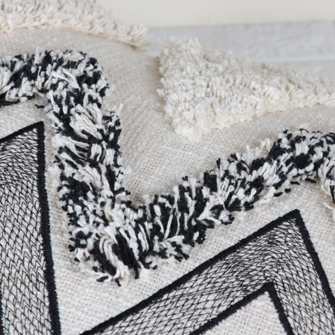 Hand Tufted Texture Boho Ivory and Black Fringe Cushion Cover