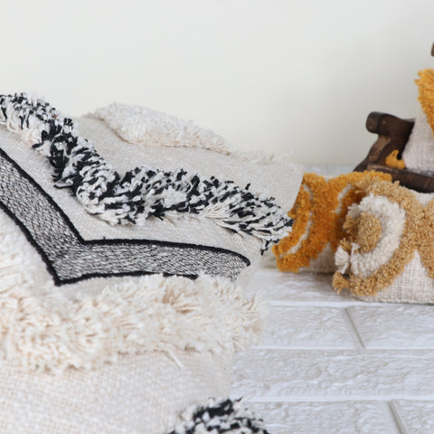 Hand Tufted Texture Boho Ivory and Black Fringe Cushion Cover