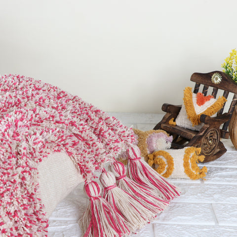 Set Of 2 Hand Tufted Texture Boho Ivory Pink Fringe Cushion Cover