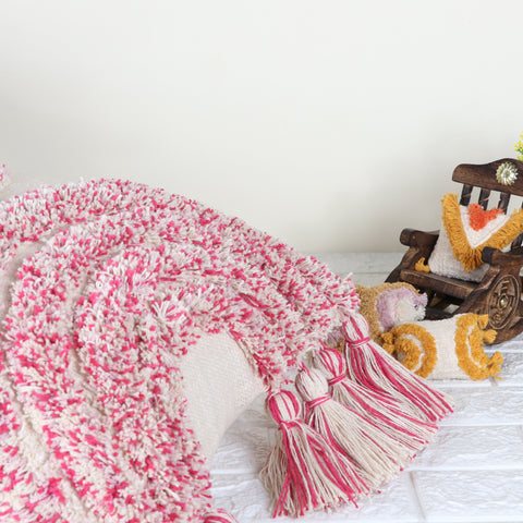 Set Of 2 Hand Tufted Texture Boho Ivory Pink Fringe Cushion Cover