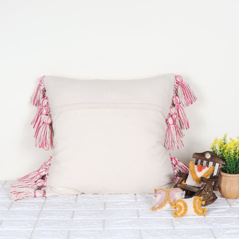 Set Of 3 Hand Tufted Texture Boho Ivory Pink Fringe Cushion Cover
