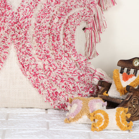 Set Of 2 Hand Tufted Texture Boho Ivory Pink Fringe Cushion Cover