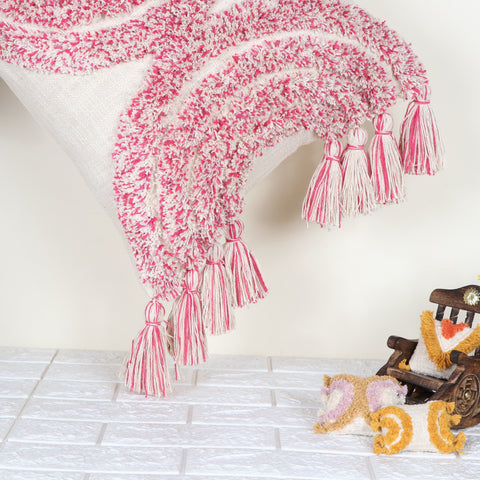 Set Of 2 Hand Tufted Texture Boho Ivory Pink Fringe Cushion Cover