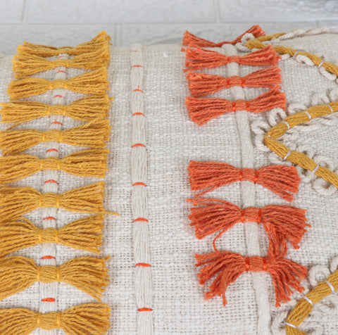 Set Of 3 Hand Tufted Texture Boho Ivory Mustard Yellow Fringe Cushion Cover