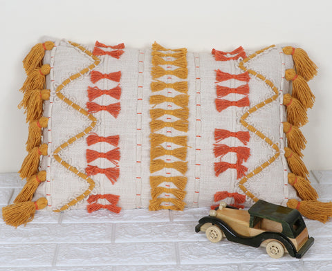Set Of 3 Hand Tufted Texture Boho Ivory Mustard Yellow Fringe Cushion Cover