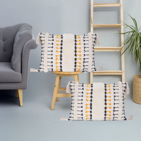 Set Of 2 Hand Tufted Texture Boho Ivory Blue Fringe Cushion Cover