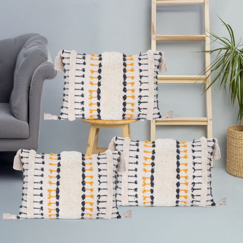 Set Of 3 Hand Tufted Texture Boho Ivory Blue Fringe Cushion Cover