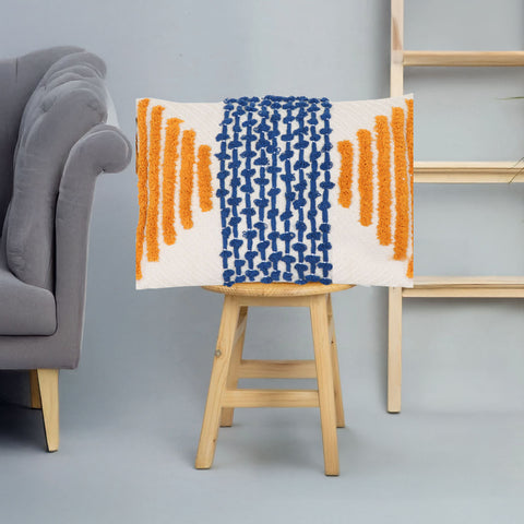 Hand Tufted Texture Boho Ivory and Blue Fringe Cushion Cover
