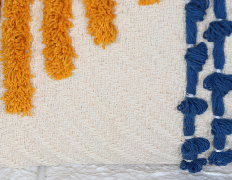 Hand Tufted Texture Boho Ivory and Blue Fringe Cushion Cover