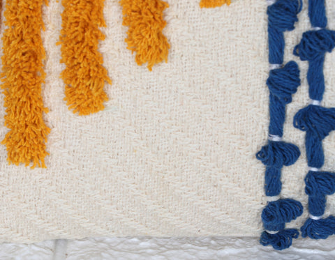 Set Of 3 Hand Tufted Texture Boho Ivory Blue Fringe Cushion Cover