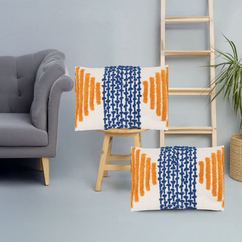 Set Of 2 Hand Tufted Texture Boho Ivory Blue Fringe Cushion Cover