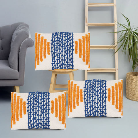Set Of 3 Hand Tufted Texture Boho Ivory Blue Fringe Cushion Cover