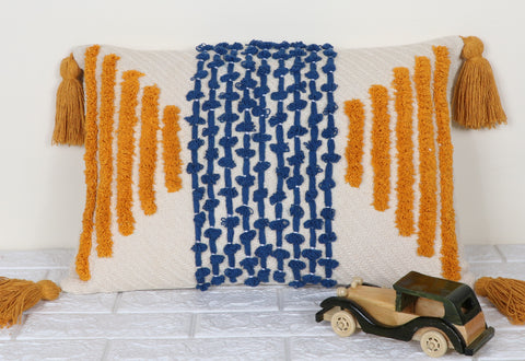 Hand Tufted Texture Boho Ivory and Blue Fringe Cushion Cover