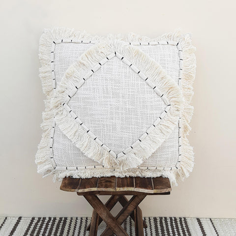 Set Of 2 Fringe Textured Ivory Embroidered Pillow