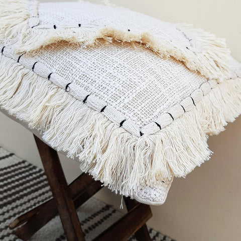Set Of 2 Fringe Textured Ivory Embroidered Pillow