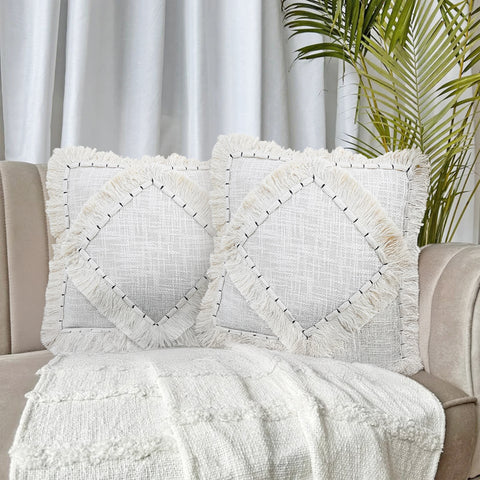 Set Of 2 Fringe Textured Ivory Embroidered Pillow
