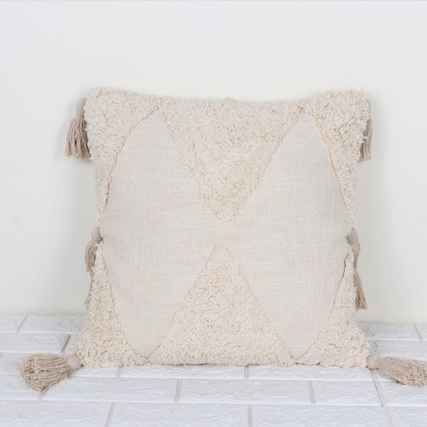 Set Of 2 Hand Tufted Texture Boho Off-White Fringe Cushion Cover